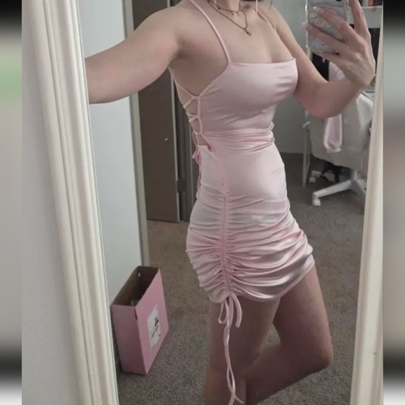 Pink Satin Drawstring Ruched Criss-cross Back Adjustable Length Mini Dress (M) - Picture 12 of 13